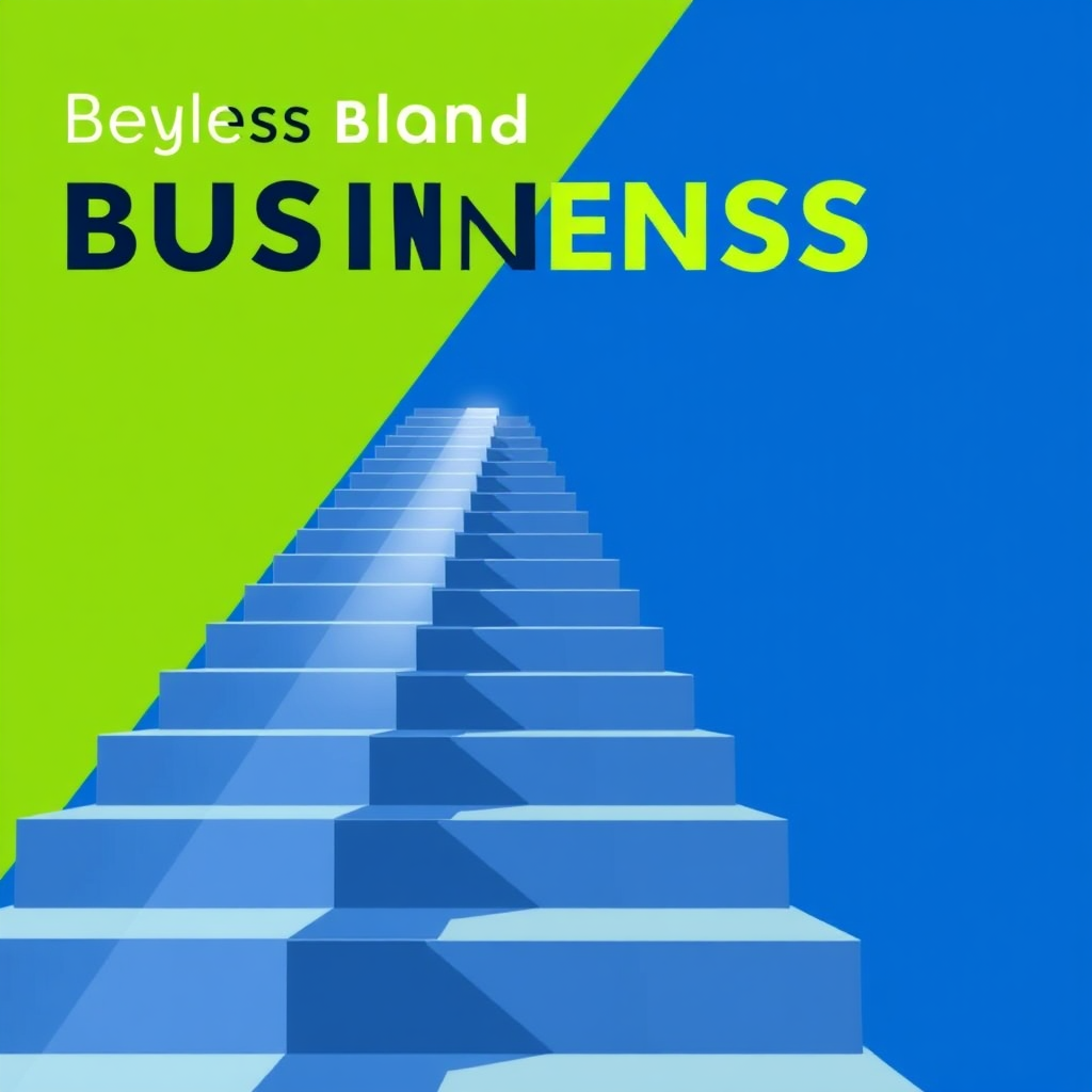 A stylized image depicting a staircase leading upwards, with each step representing a different stage of business growth. The stairs are brightly lit, and the background is a clear blue sky. Focus on conveying progress and achievement. Colors: blue, green, and white.