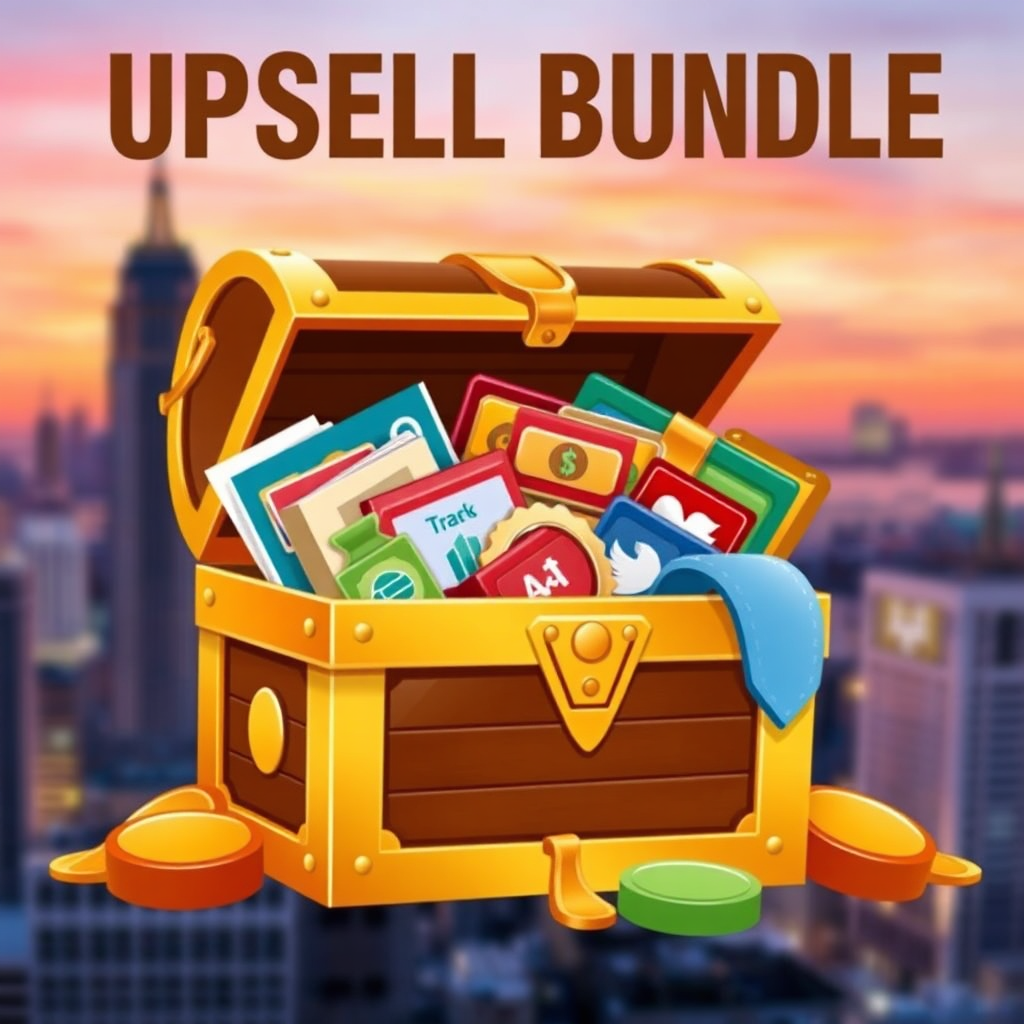 A stylized image depicting a treasure chest overflowing with valuable items, representing the upsell bundle. The chest is golden, and the items inside are brightly colored and diverse, symbolizing the variety of resources included. Background: a blurred image of a cityscape at sunset. Colors: gold, red, blue, green.