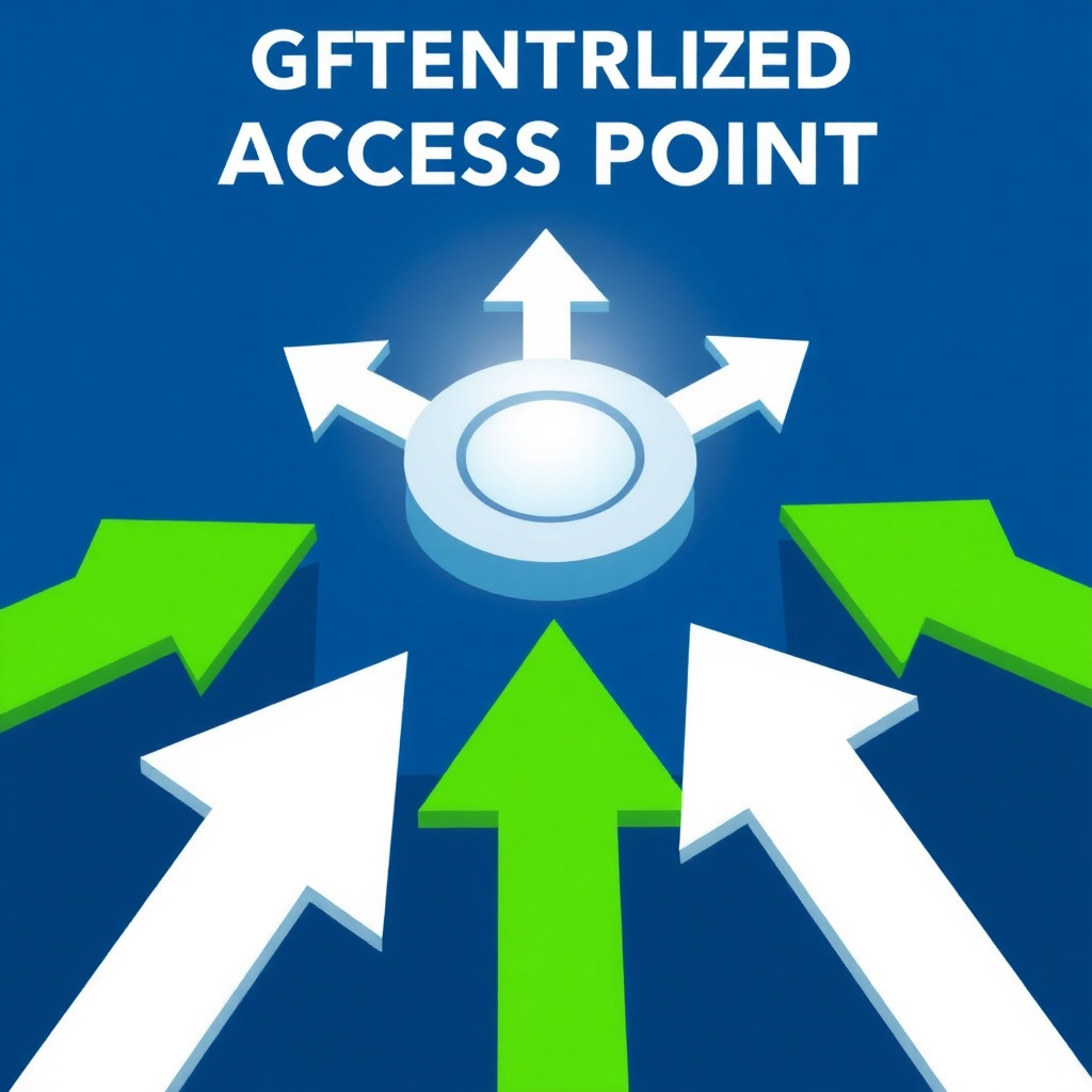  A stylized image of a central hub with multiple arrows pointing towards it, symbolizing the centralized access point. The hub is brightly lit, and the arrows are clearly defined. Colors: blue, green, and white.