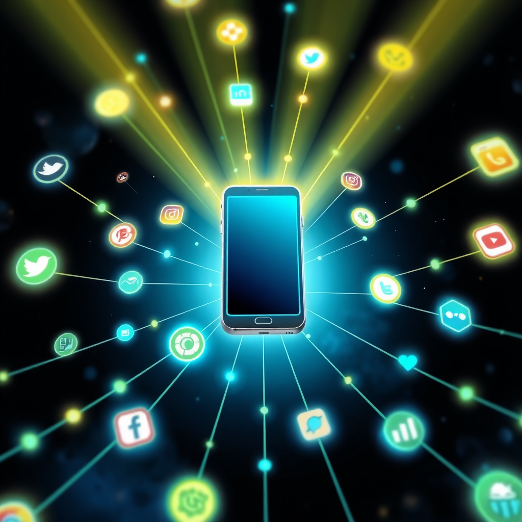 A stylized image of a social media network growing exponentially. The central node is a smartphone, radiating connections to various social media platforms. The connections are glowing and branching out rapidly, symbolizing growth. The background is a dark, abstract space, emphasizing the focus on growth. The colors are vibrant and energetic, with a focus on blues, greens, and yellows. Style reference: Futuristic tech illustrations. Technical specs: 4K resolution, high-quality rendering with smooth gradients and dynamic lighting.