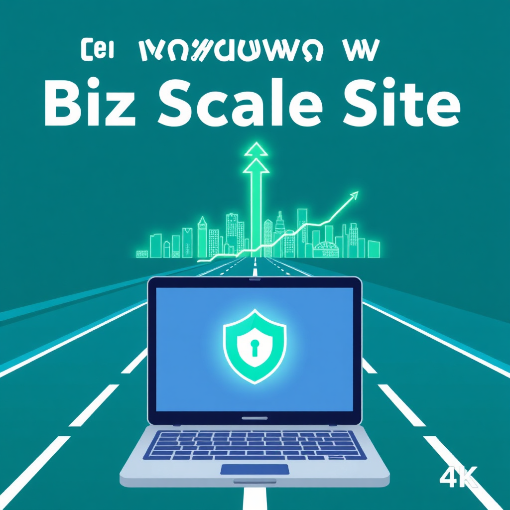 A stylized image representing the mission of Biz Scale Site. The scene shows a digital highway leading to a cityscape made of interconnected icons symbolizing business growth. A glowing arrow points upwards, representing progress. The color palette is primarily blue and green, conveying trust and growth. In the foreground, there's a stylized laptop displaying a secure download icon. The overall style is clean, modern, and slightly abstract. Lighting is soft and diffused, creating a sense of calm and reliability. Focus on conveying efficiency, security, and growth. 4K resolution, high quality.