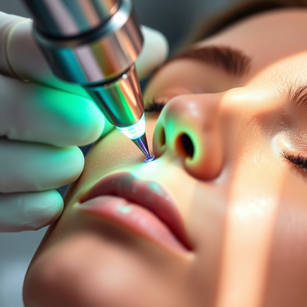 Close-up photorealistic image of advanced laser technology being used for skin rejuvenation. Focus on the precision and innovation.