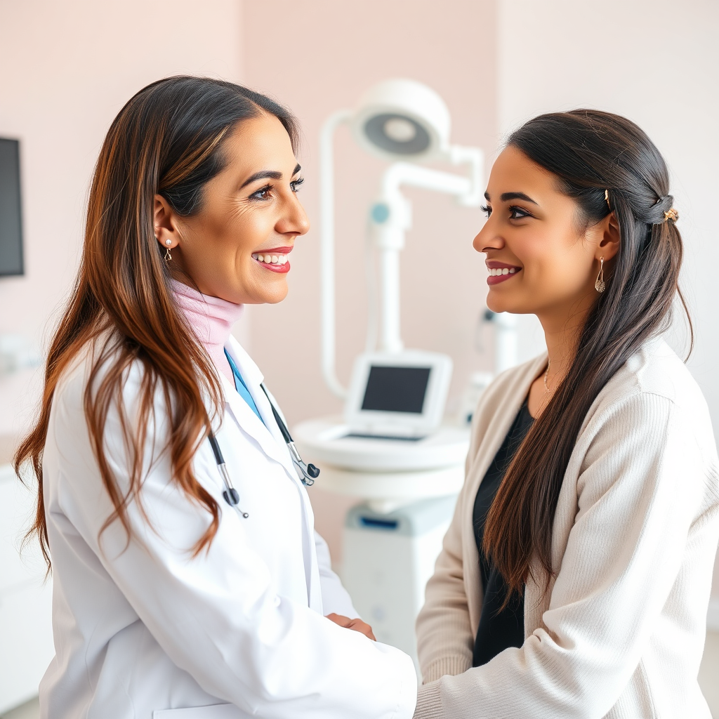 Create a 4K high-quality image for the 'About Us' section of Rawasi Cozmo Clinic. The image should depict Dr. Asma Almagrahi, a warm and confident Libyan dermatologist, consulting with a young female patient in a bright and modern examination room. The room is clean and uncluttered, featuring state-of-the-art equipment in the background. Dr. Almagrahi is smiling reassuringly while explaining a treatment plan to the patient. The color palette should be soft and inviting, using natural light and pastel accents. The camera angle is slightly high, capturing the interaction between the doctor and patient. Focus on the details of their expressions to convey trust and expertise. Style reference: A blend of modern medical aesthetics and genuine human connection, emphasizing the clinic's personal touch.