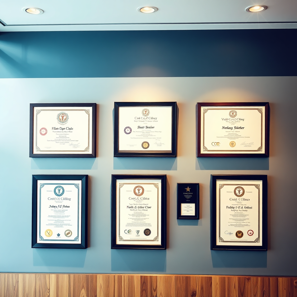Stylized image featuring medical certifications and awards displayed elegantly on a clinic wall, emphasizing credibility and expertise. Soft lighting, modern design.