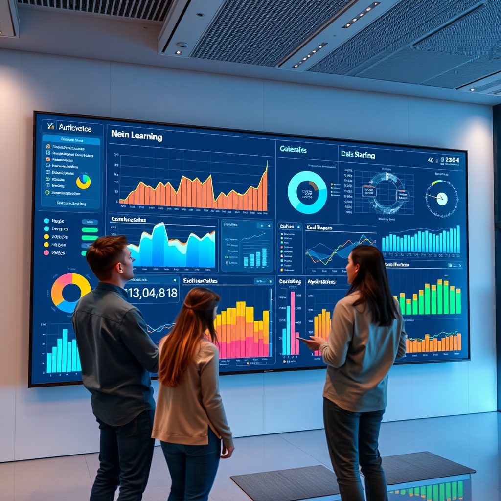 A detailed image of a digital analytics dashboard on a large screen showcasing data visualizations related to online learning. Include elements like graphs and heatmaps, along with individuals analyzing the data with curiosity. The environment should feel modern and analytical, with cool tones like blue and gray to evoke professionalism.