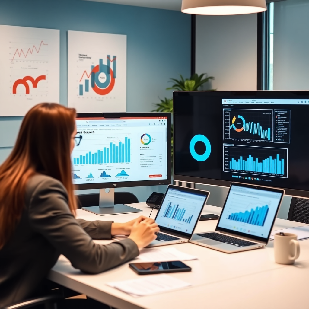 A focused image of a digital marketing meeting in progress, featuring charts and digital devices that analyze course performance. The modern workspace should embody professionalism, with a tech-inspired aesthetic using a blend of cool colors that reflect focus and analytical thinking.