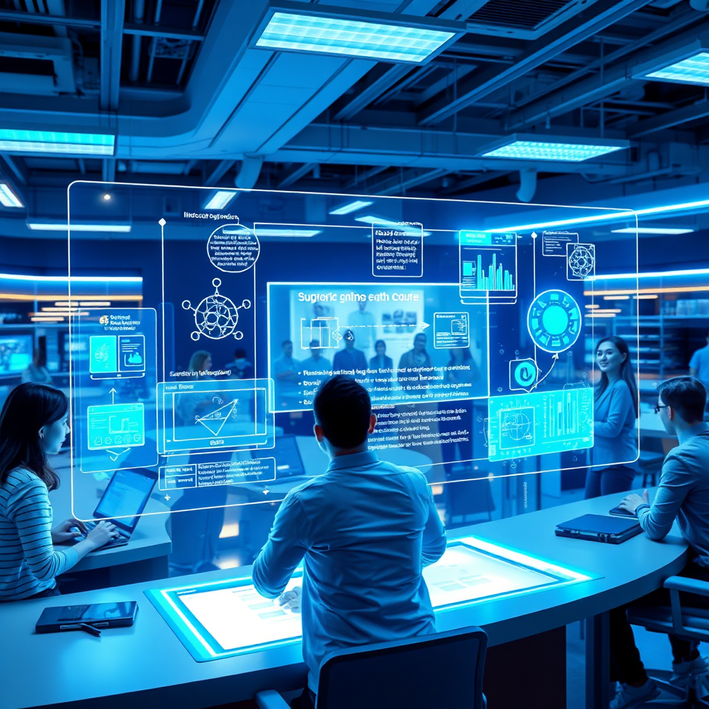 A futuristic image depicting modern learning methods, showcasing holographic displays that illustrate interactive course content. The background should be a state-of-the-art learning center with high-tech devices and enthusiastic learners engaged in active collaboration. Strong, contrasting colors like blue and silver should dominate the scene, giving an impression of progress.