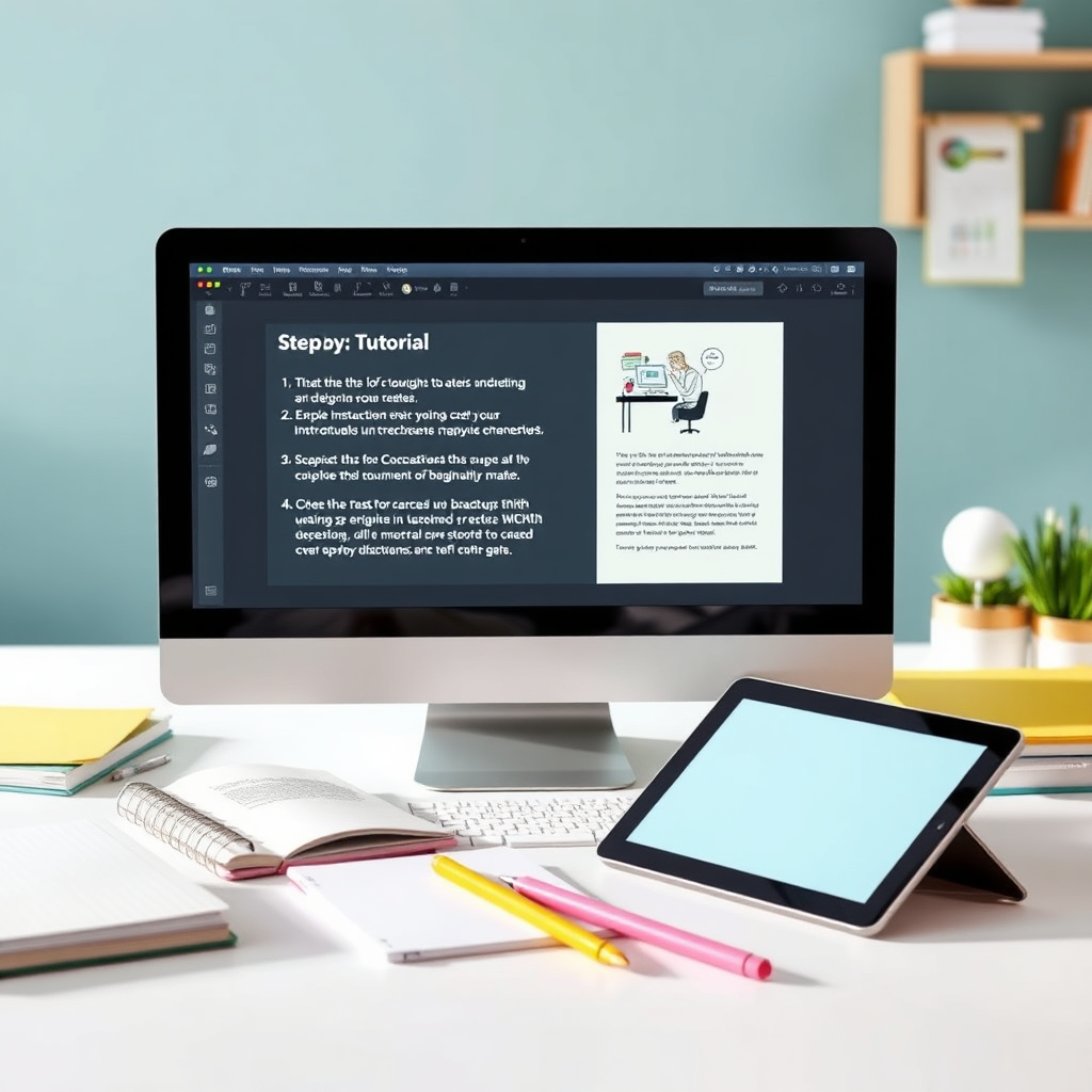 A photorealistic image of a step-by-step tutorial being displayed on a computer screen, surrounded by notebooks and tablets. The workspace should be bright and approachable, with a focus on instructional design materials. The color scheme should include pastel shades to keep it inviting and engaging. A side view that captures the essence of learning and creation in progress would be ideal.