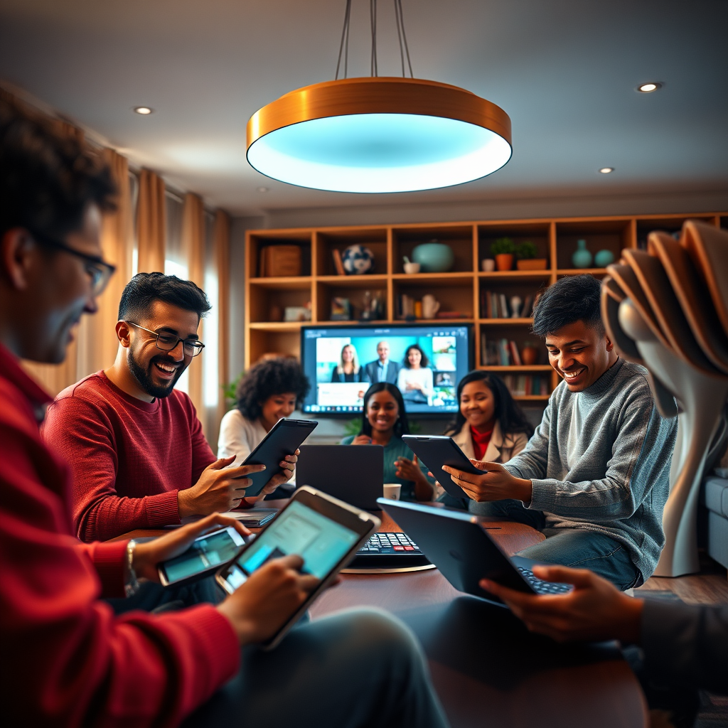 A photorealistic image that represents the mission of creating online courses with AI technologies. The composition should show a diverse group of learners engaged in an interactive online class, utilizing laptops and tablets. The environment should be cozy yet modern, filled with warm lighting and inviting colors. Focus on including diverse individuals to highlight inclusivity in learning. The image should convey a sense of engagement and excitement about learning, with elements like screens showing course materials and virtual interactions. Styled in high quality, 4K resolution.