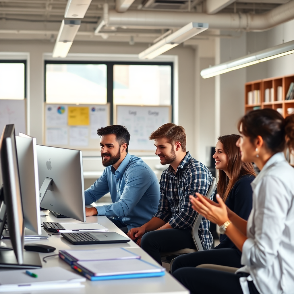 A professional image of a course development process in action, showcasing team members collaborating at their computers, discussing ideas. The setting should be well-lit and energized, filled with educational materials and technology. The color palette should be warm and inclusive to represent a collaborative atmosphere.