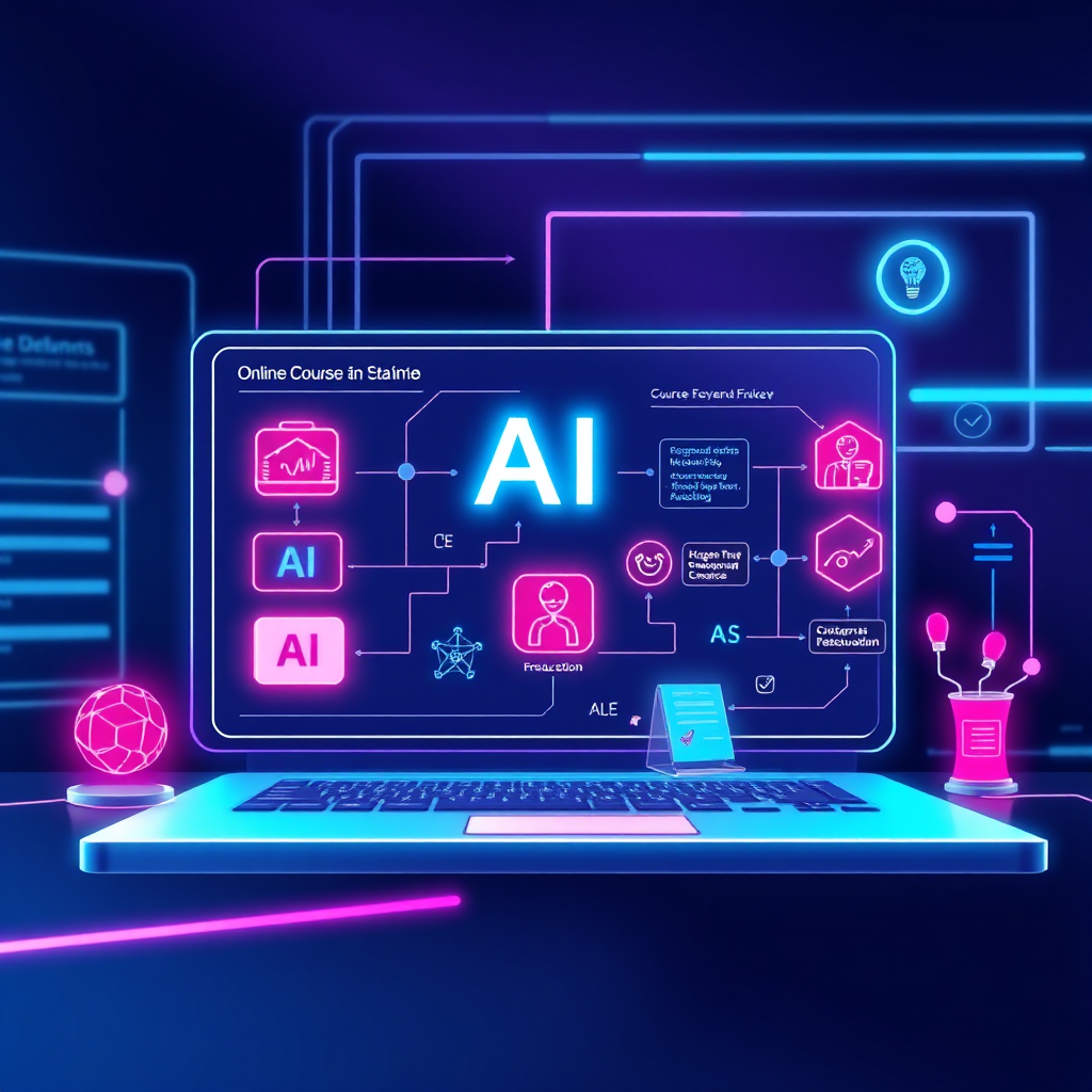 A stylized image representing the integration of AI in online course development. Visualize a digital interface with AI algorithms and flowcharts, alongside icons that symbolize education and technology. The environment should appear futuristic, incorporating neon colors and sleek, modern design elements to emphasize innovation.