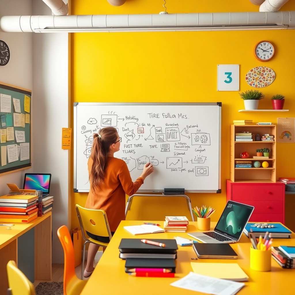 A vibrant image showing a creative workspace where an educator is sketching out ideas on a whiteboard while surrounded by colorful materials and digital devices. The atmosphere should feel energetic and inspiring, with bright hues of yellow and orange enhancing the creative vibe.