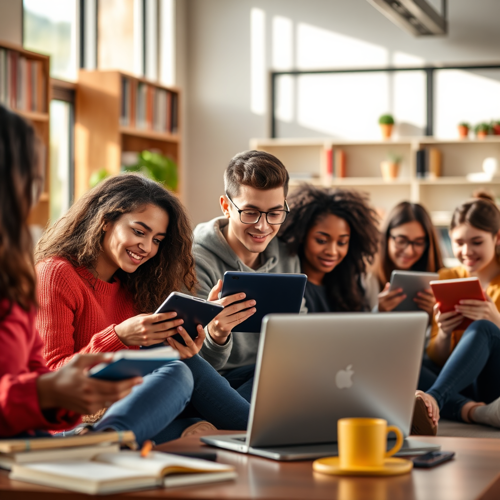 An engaging image featuring a diverse group of students using various devices to access online courses. The setting should be an inspiring learning environment, with natural light and a comfortable atmosphere. Props could include books, digital tools, and collaborative workspaces that highlight teamwork in education.