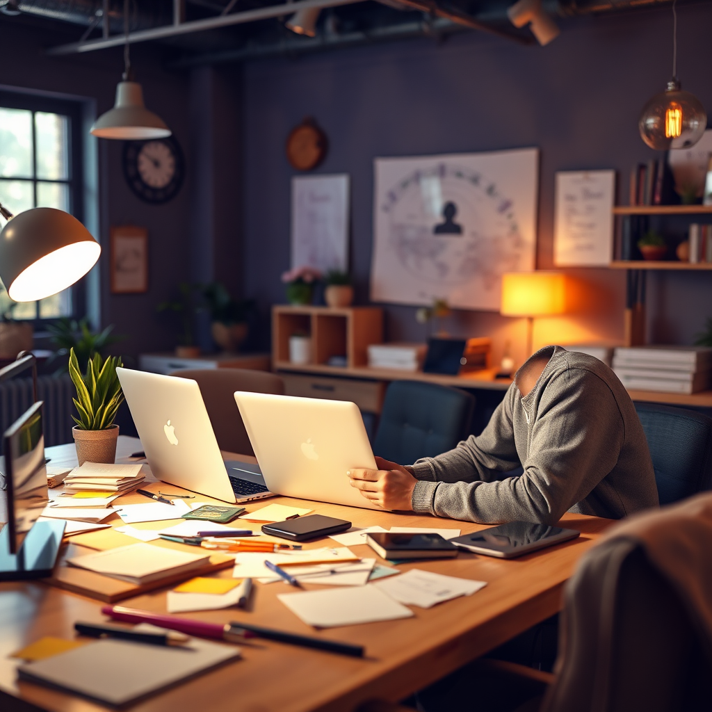 An engaging setting with a creator brainstorming future-oriented course content. The scene should include digital tools and notes scattered across the workspace, symbolizing creativity and innovation. Warm lighting and inspiring decor can enhance the motivational atmosphere of this environment.