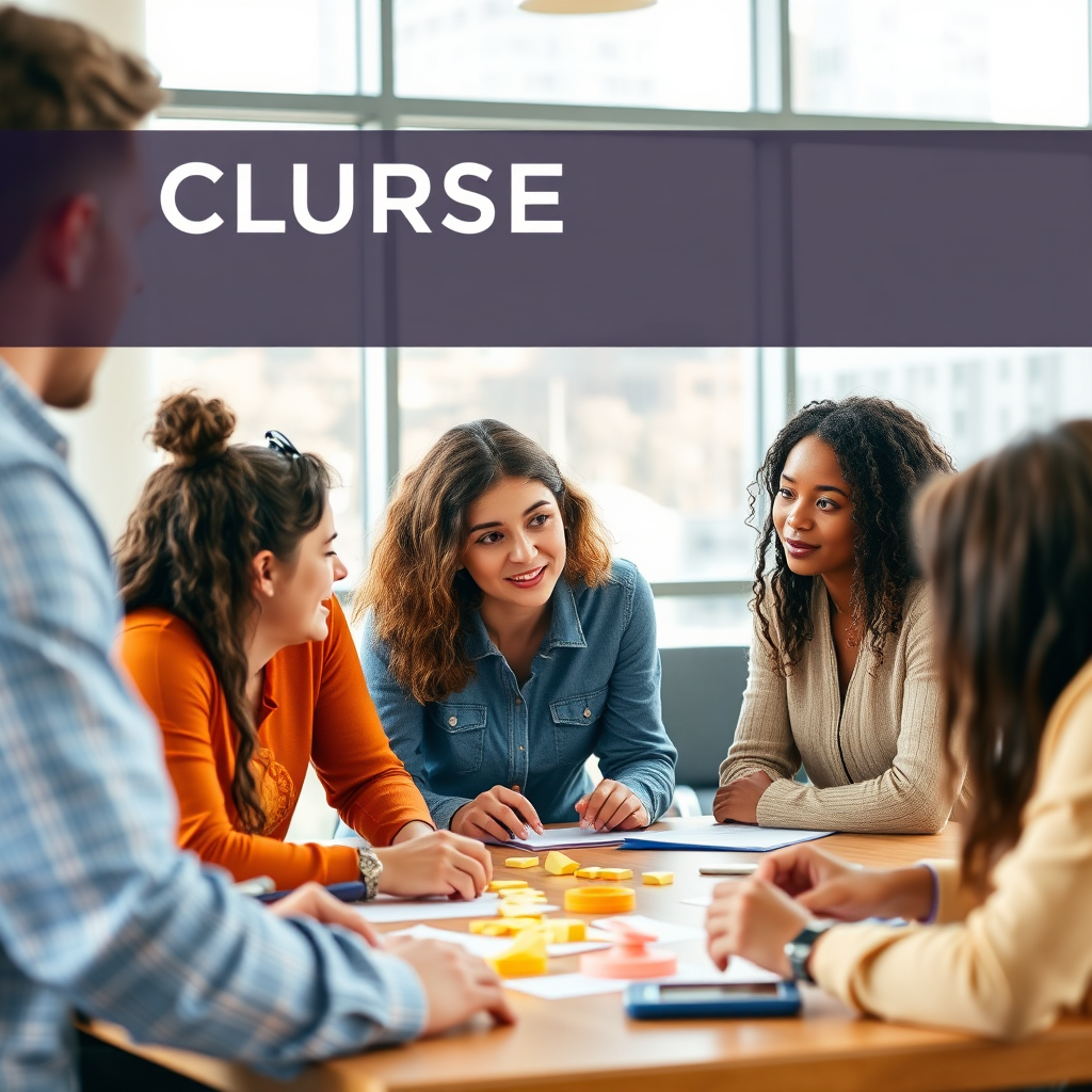An interactive meeting scene where a group of individuals is collaborating on course development. The focus should be on diverse perspectives being shared, with visuals like sticky notes and brainstorming tools in a bright environment filled with natural light. A warm color palette should complement the collaborative ethos.