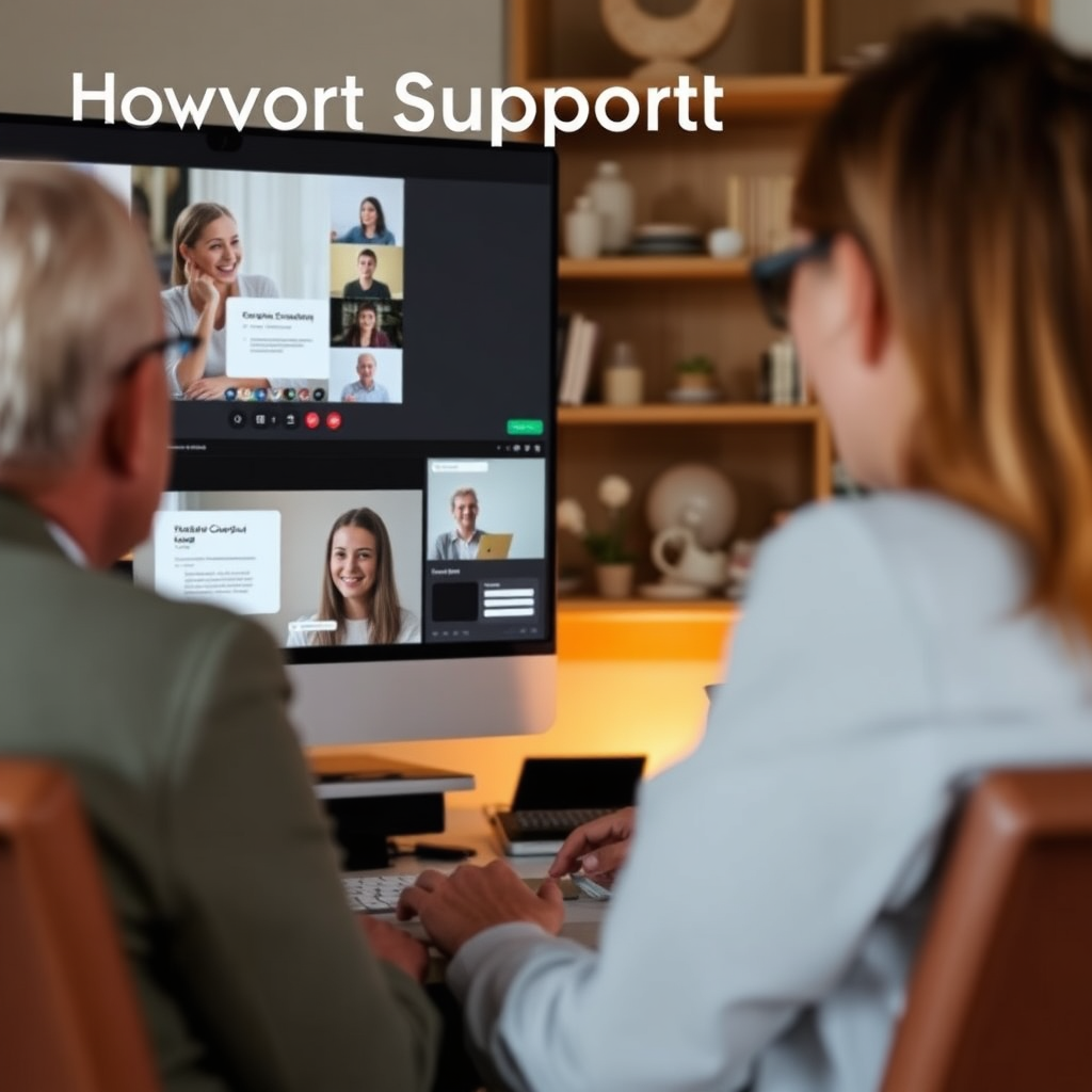 An inviting image showcasing a support session, where consultants are engaging with clients through video calls and sharing insights on course creation. The visuals should feel supportive and motivational, with soft lighting and a personal touch that promotes trust.