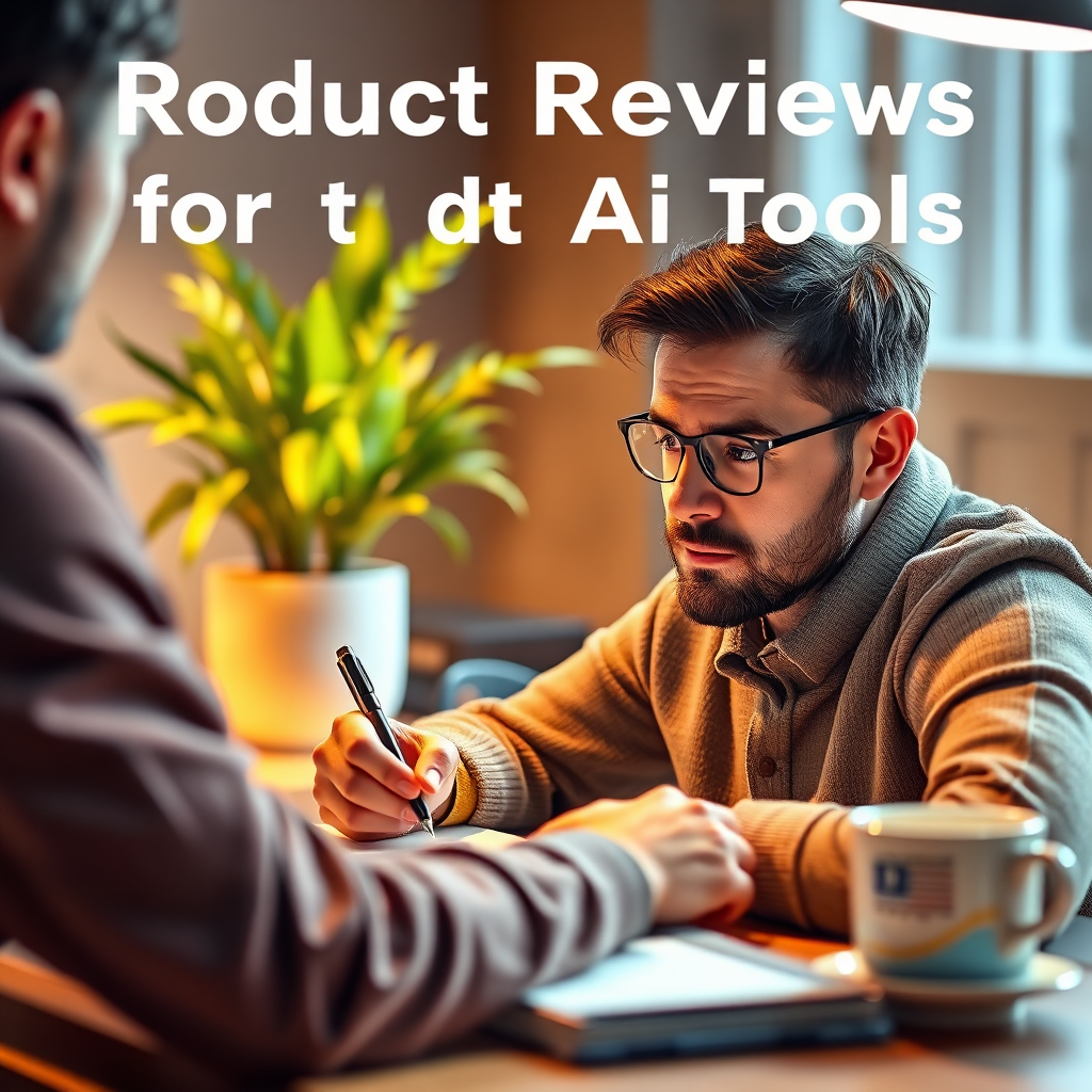 Construct an image representing detailed product reviews of AI tools. The scene should include a reviewer taking notes while browsing a website on a laptop, with charts and ratings visible on the screen. Warm and inviting lighting should illuminate the workspace, enhanced by a potted plant and coffee cup in the background. The focus should be on the expression of concentration on the reviewer's face. Make sure the image is photorealistic and in high resolution.
