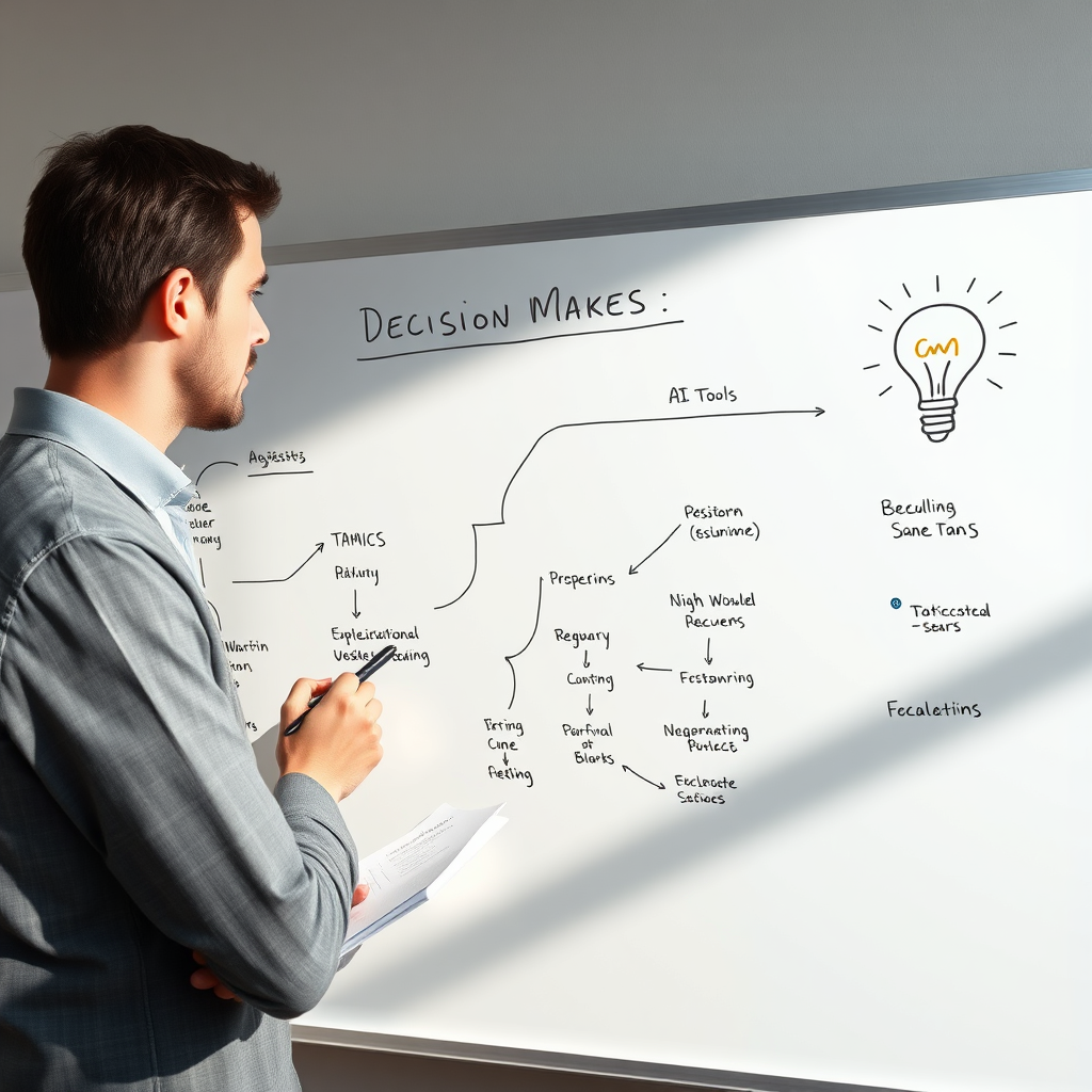 Create a visual representation of a decision-making process for selecting AI tools. The image should depict a flowchart on a whiteboard with various paths leading to different AI tools. Include a thoughtful individual making notes beside the chart, with a light bulb graphic symbolizing ideas. The lighting should be bright and informative, and colors should be soft yet engaging. Capture textures of the whiteboard and graphical elements clearly. The image should be in photorealistic quality.