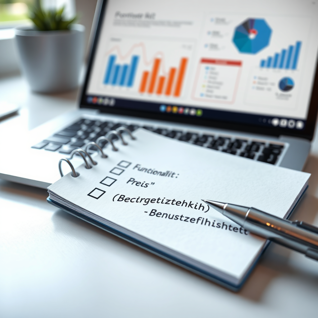 Create an engaging visual that illustrates the criteria for comparing AI tools. The image should show a checklist on a notepad, with keywords like 'Funktionalität', 'Preis', and 'Benutzerfreundlichkeit' visibly written. The checklist should be on a desk with a laptop open, showcasing charts or statistics in the background. Use bright lighting to create an informative atmosphere, and select a color palette that conveys professionalism with shades of blue and gray. The image should be photorealistic and in 4K resolution.