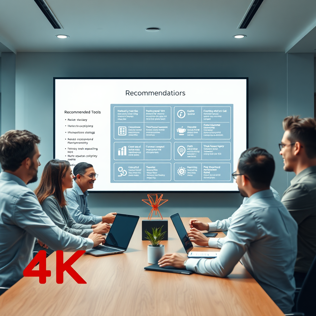 Create an image visualizing recommendations for businesses regarding AI tools. The scene should feature a business meeting, with individuals discussing ideas around a conference table, with a large screen showing recommended tools and their benefits. Utilize bright lighting to convey an air of inspiration and collaboration. Capture the details of expressions and highlights in the environment. The image should be photorealistic and in 4K resolution.