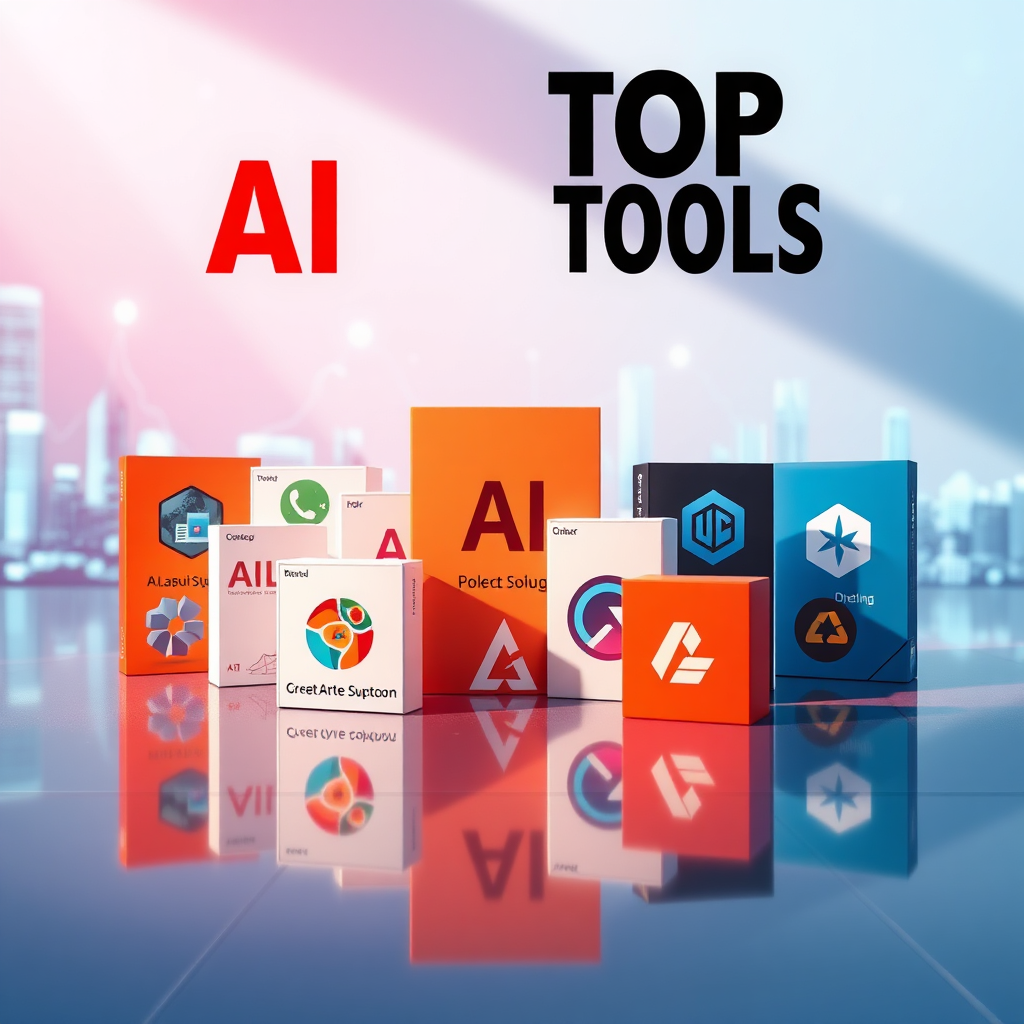 Design a striking image that features a selection of the top AI tools. Create a visually appealing arrangement of product boxes or software logos on a polished surface. The lighting should be dynamic, emphasizing each tool with shadows and highlights. Include a backdrop of a digital landscape to suggest innovation and technology. The color palette should feature vibrant and contrasting colors to differentiate the tools. Ensure the image is high resolution and photorealistic.