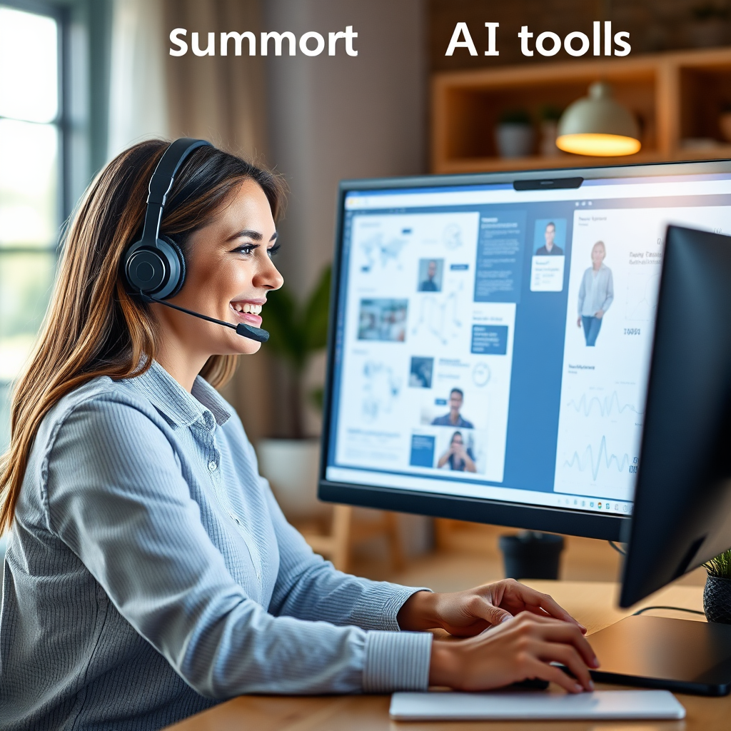 Design a visual that represents customer support for AI tools. Show a support agent in a headset, attentively assisting a customer via a computer, with visible technical diagrams on the screen. The setting should be well-lit and cozy, fostering a sense of reassurance. Make sure the expressions on both faces reflect satisfaction and clarity. The image must be high-quality, photorealistic, and in 4K resolution.