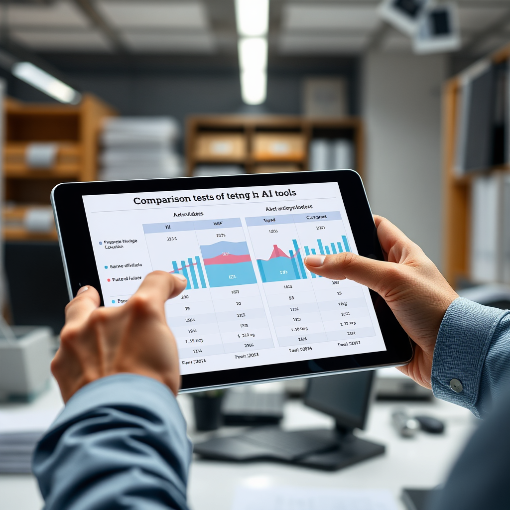 Design an engaging image illustrating comparison tests of AI tools. Show a side-by-side comparison chart on a digital tablet, with relevant metrics and features highlighted. Include a person pointing at the tablet, showcasing their analysis. The setting should be a modern and organized workspace with adequate lighting to emphasize focus. The image should have a professional look, photorealistic quality, and be in high resolution.