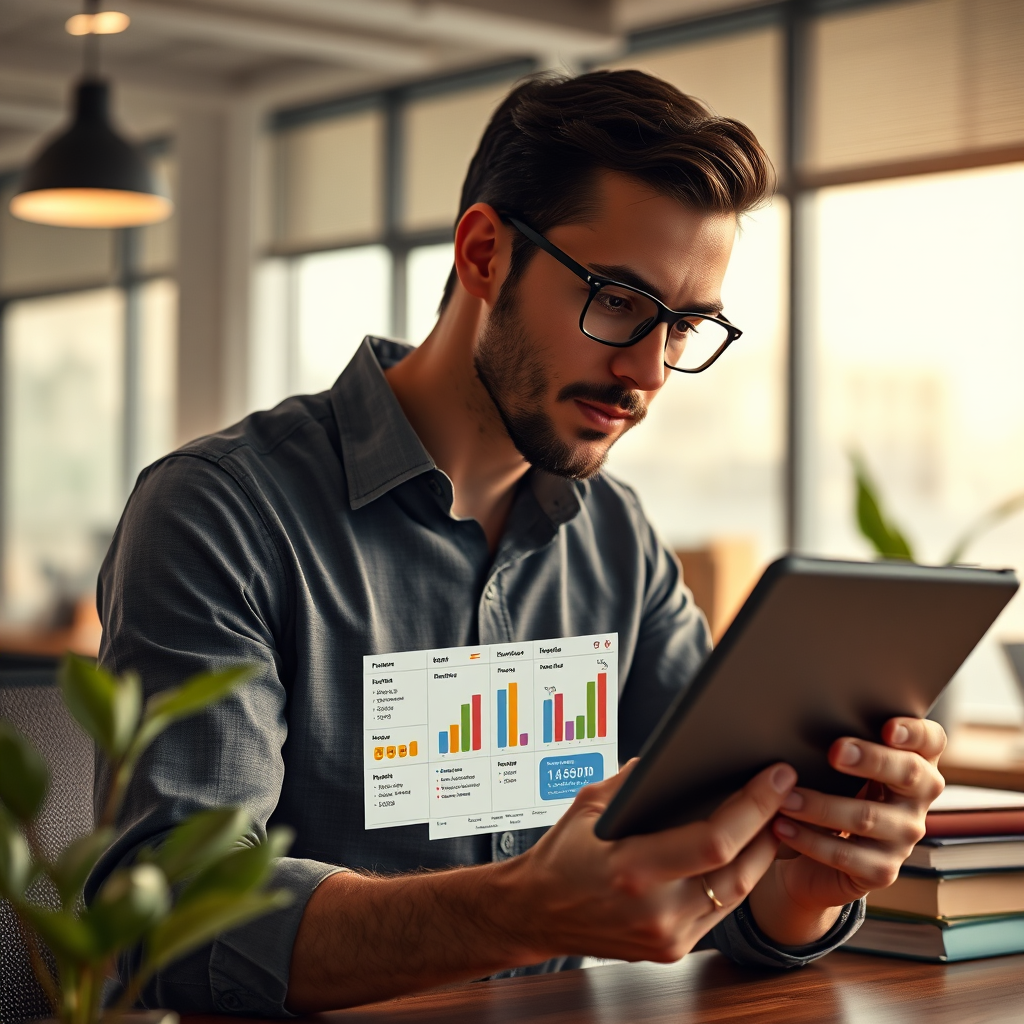 Generate a photorealistic image reflecting the mission of comparing and presenting AI tools. The image should include a thoughtful person reviewing a comparison chart of various AI tools on a tablet. The background should be a modern office environment with soft and natural lighting, emphasizing a warm color palette. Capture the scene from an eye-level angle to focus on the person's engagement with the content. Texture details should highlight the tablet and the informative graphs. Include props like a plant and books to create a relatable atmosphere. The image should be high quality, in 4K resolution.