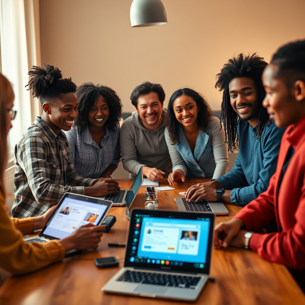 Generate a relatable image that showcases user experiences with AI tools. The scene should include a group of diverse individuals discussing their experiences around a table, with laptops and devices showing user interfaces of various tools. Use warm, inviting lighting to make the environment feel open and collaborative. The camera should be at eye level to capture their expressions and engagement. The image should be vibrant and in photorealistic quality.
