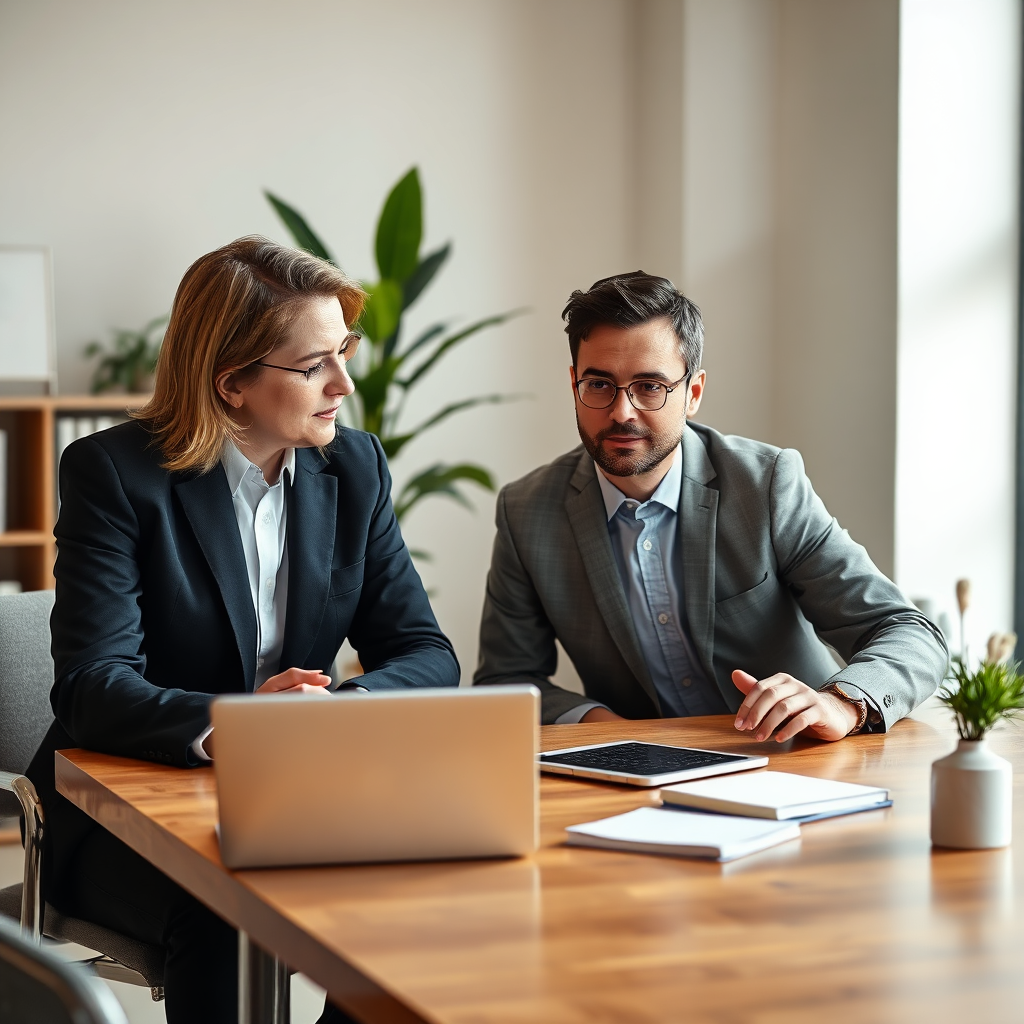 Generate an image depicting a consultation session for AI tools. The scene should include two professionals seated at a table, discussing various options, with a laptop open in front of them displaying charts. Use soft, focused lighting to enhance the atmosphere of professionalism and connection. The background should include office elements like books and a plant to create a cozy environment. The image must be high-quality, photorealistic, and in 4K.