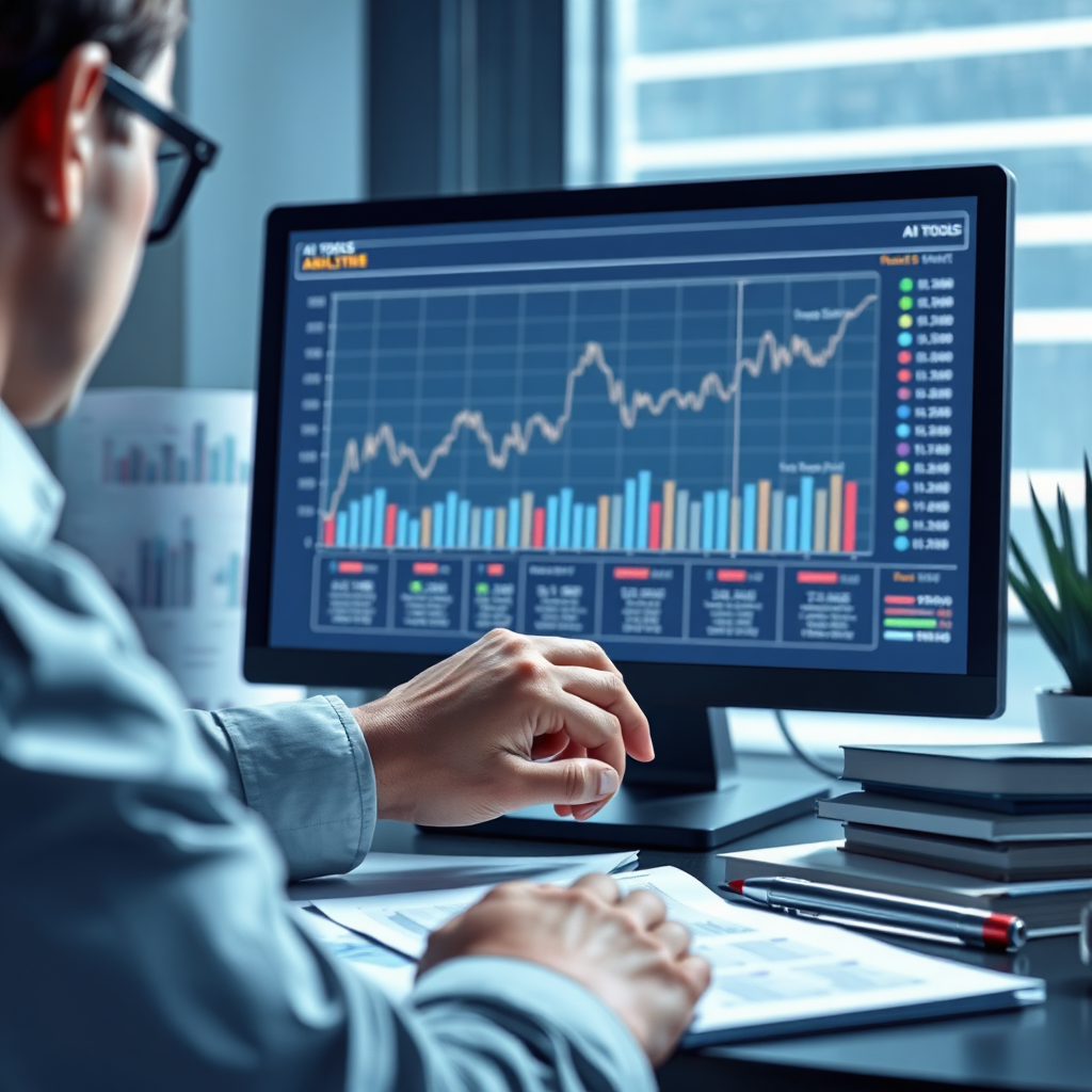 Illustrate a market analysis of AI tools with a detailed graph or chart representing current trends. The image should include a person analyzing the data on a computer screen, surrounded by paper documents and notepads. The composition should feature cool tones, with bright lighting highlighting the screen. Ensure texture details are evident on the papers and the screen display, creating a professional ambience. The image should be high-quality and photorealistic.