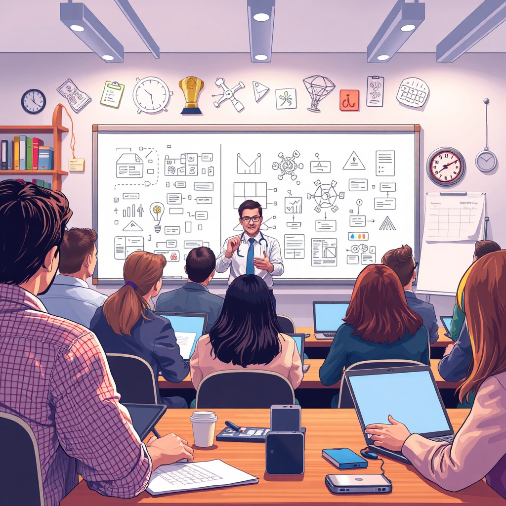 Illustrate an engaging scene of a training workshop on AI tools. The image should showcase an instructor in front of a whiteboard filled with diagrams while participants sit with notepads and laptops. Use bright, ambient lighting that conveys a feeling of enthusiasm and learning. The background should include educational materials and tools to reinforce the theme. Ensure the image is photorealistic and in high resolution.
