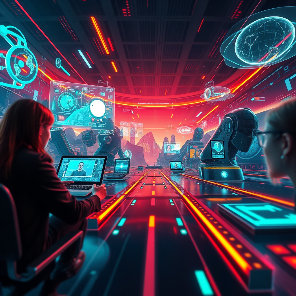 Visualize a futuristic landscape representing the future of AI tools. The image should feature advanced technology, such as holographic interfaces and smart devices being used in various professional settings. Utilize a vibrant color palette with neon accents to suggest innovation. The camera angle should be dynamic, possibly from a low perspective looking up at the technology. The image should be rich in detail and photorealistic, showcasing the possibilities of the next generation of AI tools.