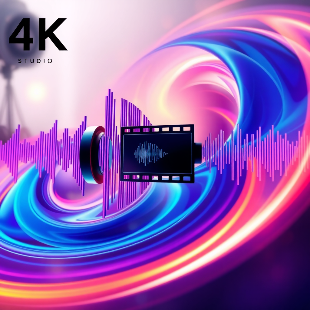 A 4K, high-quality image representing the core of HWBJ STUDIO. The image should be stylized, blending photorealistic elements with a touch of artistic flair. The central focus is a stylized representation of sound waves merging with video frames, forming a harmonious blend. These elements should be depicted in a dynamic, swirling composition, with a color palette that blends vibrant blues, purples, and oranges. The background should be abstract, hinting at a studio environment without being overly literal. Consider incorporating subtle visual cues related to musical instruments and video equipment. The lighting should be soft and diffused, creating a sense of warmth and creativity. The camera angle should be slightly elevated, providing a comprehensive view of the composition. Textures should be smooth and polished, conveying a sense of professionalism and sophistication. The overall style should be modern and innovative, reflecting the forward-thinking approach of HWBJ STUDIO.