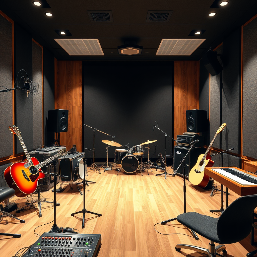 A photorealistic image depicting a modern recording studio during a music production session. Showcasing various instruments, microphones, and sound mixing equipment. Ensure excellent lighting and high resolution for a visually stunning scene.