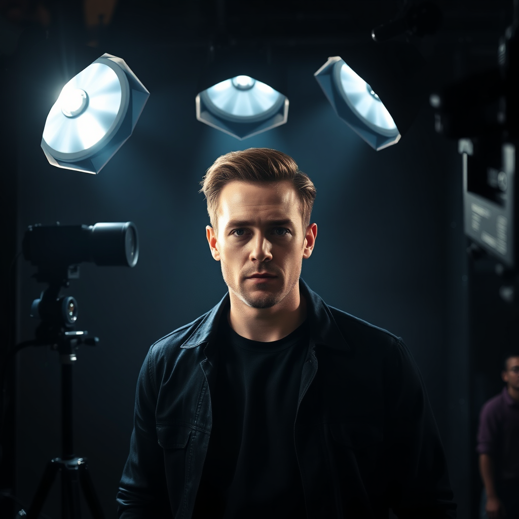A photorealistic image of a film set with a three-point lighting setup illuminating an actor. The lighting should be dramatic and cinematic, highlighting the actor's features and creating a sense of depth. Camera angle: wide shot, capturing the entire lighting setup. The overall style: professional and dramatic, reflecting the power of cinematic lighting.