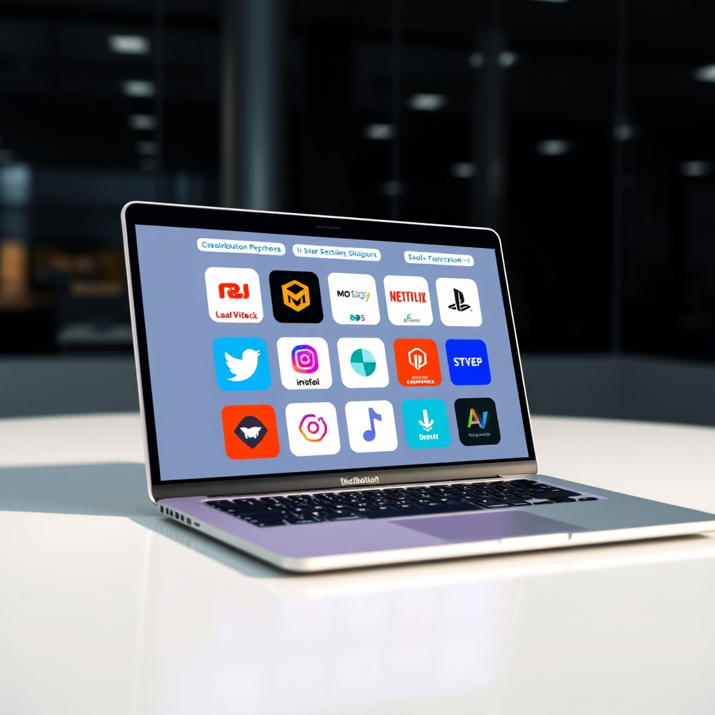 A photorealistic image of a laptop displaying various social media platforms and streaming services, showcasing the channels for distribution and promotion. The lighting should be bright and modern, highlighting the online platforms. Camera angle: medium shot, focusing on the laptop screen and the various platforms. The overall style: professional and modern, reflecting the importance of distribution and promotion.