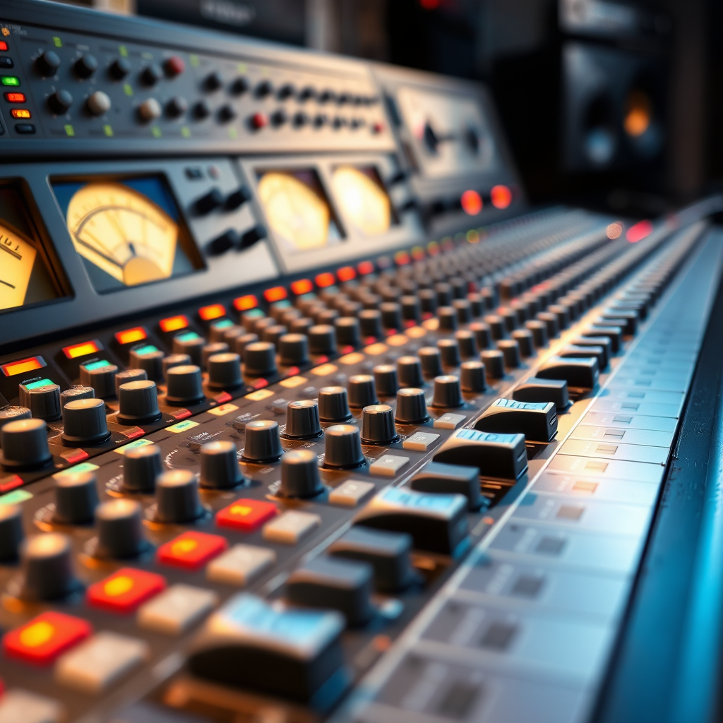 A photorealistic image of a mixing console with various knobs, faders, and meters, showcasing the complexities of mixing and mastering. The lighting should be soft and diffused, highlighting the details of the console. Camera angle: close-up, focusing on the console and the controls. The overall style: technical and professional, reflecting the precision of mixing and mastering.