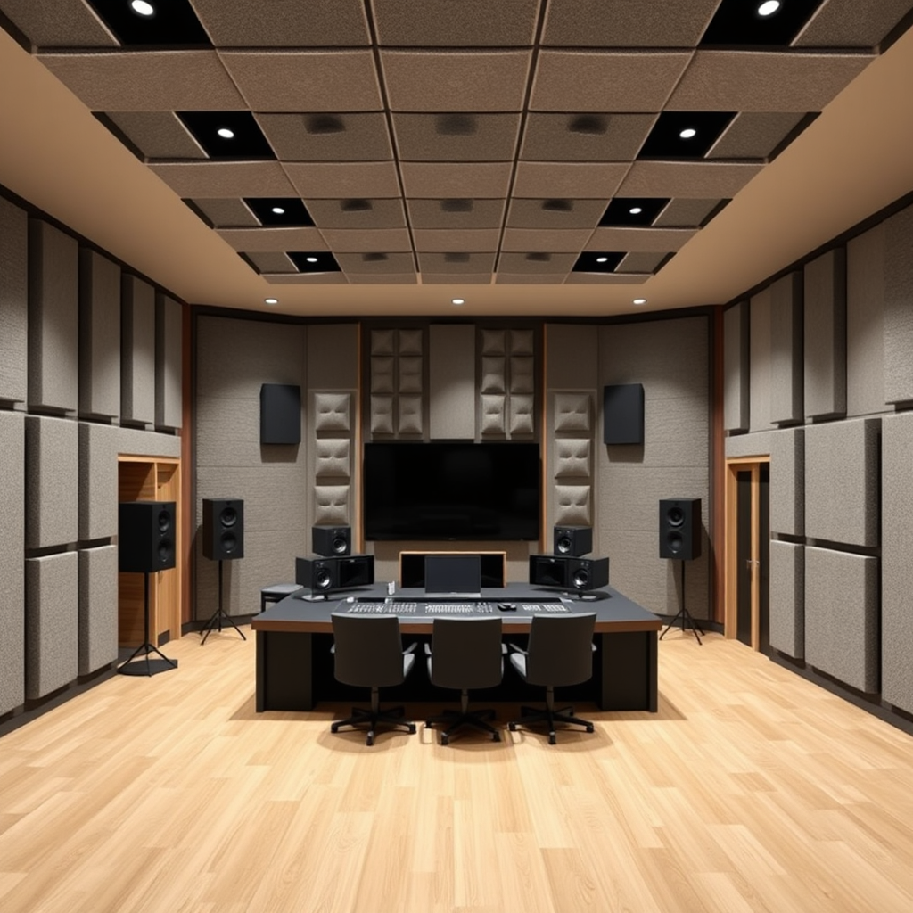 A photorealistic image of a modern recording studio, showcasing acoustic panels, bass traps, and diffusers strategically placed throughout the room. The lighting should be soft and diffused, highlighting the textures of the acoustic materials. Camera angle: wide shot, capturing the overall layout of the studio. The overall style: professional and clean, emphasizing the importance of acoustic design.