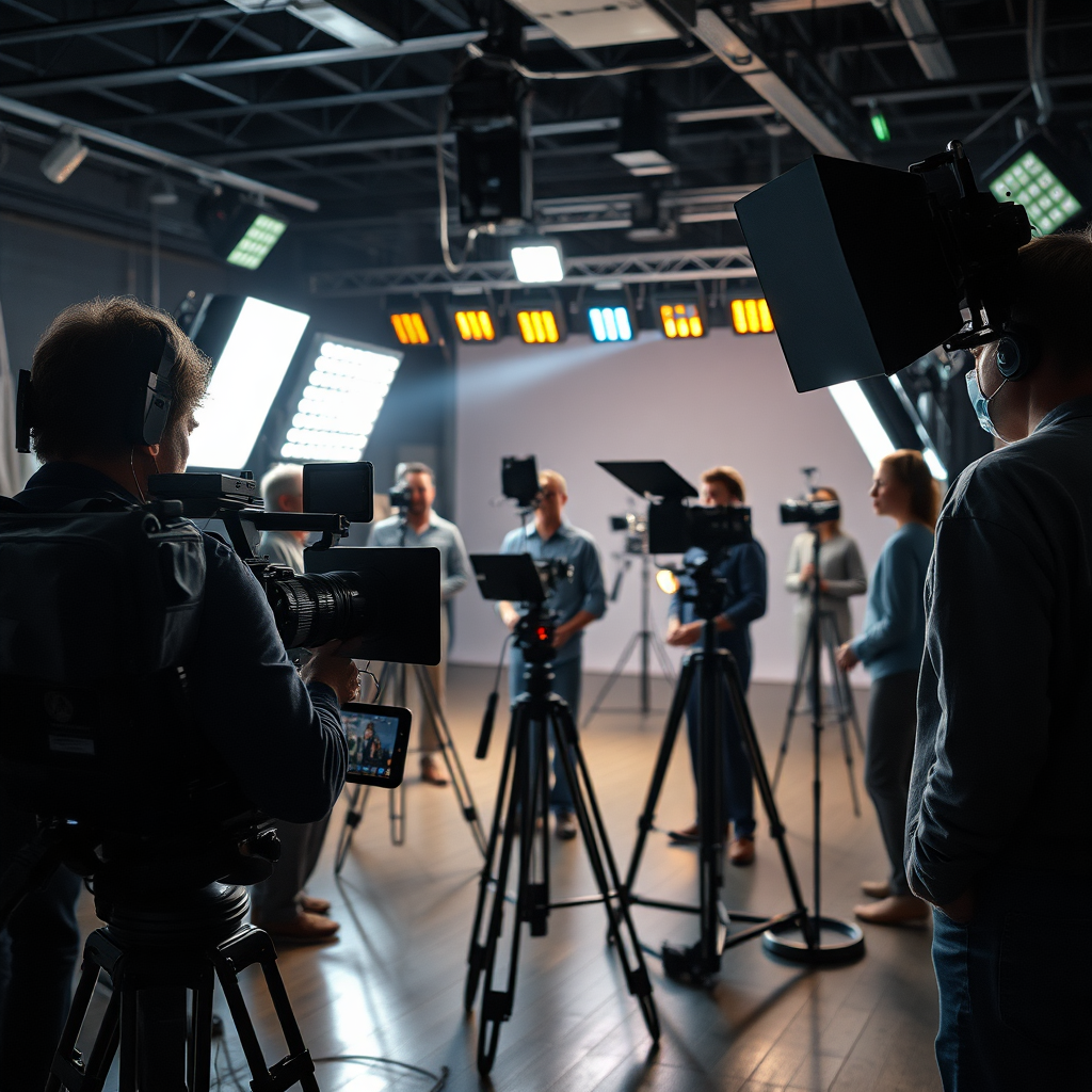 A photorealistic image of a professional film set, including cameras, lighting equipment, and actors. Focus on capturing a dynamic scene with excellent lighting and composition. The overall feel should be vibrant and professional.