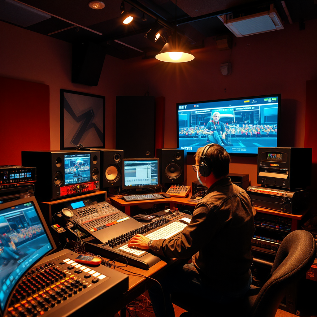 A photorealistic image of a sound designer working in a studio, surrounded by various sound effects equipment and a mixing console. The lighting should be warm and inviting, highlighting the creative atmosphere. Camera angle: medium shot, focusing on the sound designer and the equipment. The overall style: professional and creative, emphasizing the art of sound design.