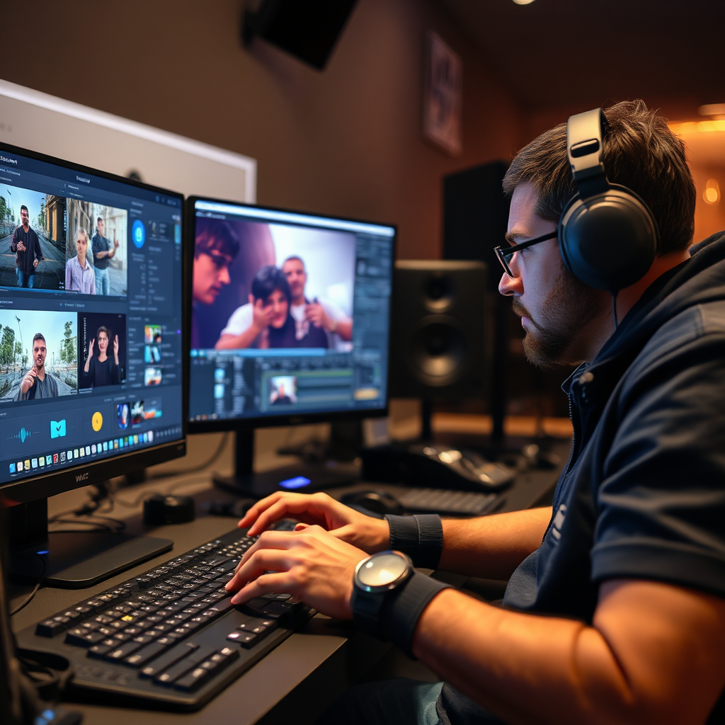 A photorealistic image of a video editor working on a project, using software for color grading, visual effects, and sound design. The scene should emphasize the technical expertise involved in post-production.