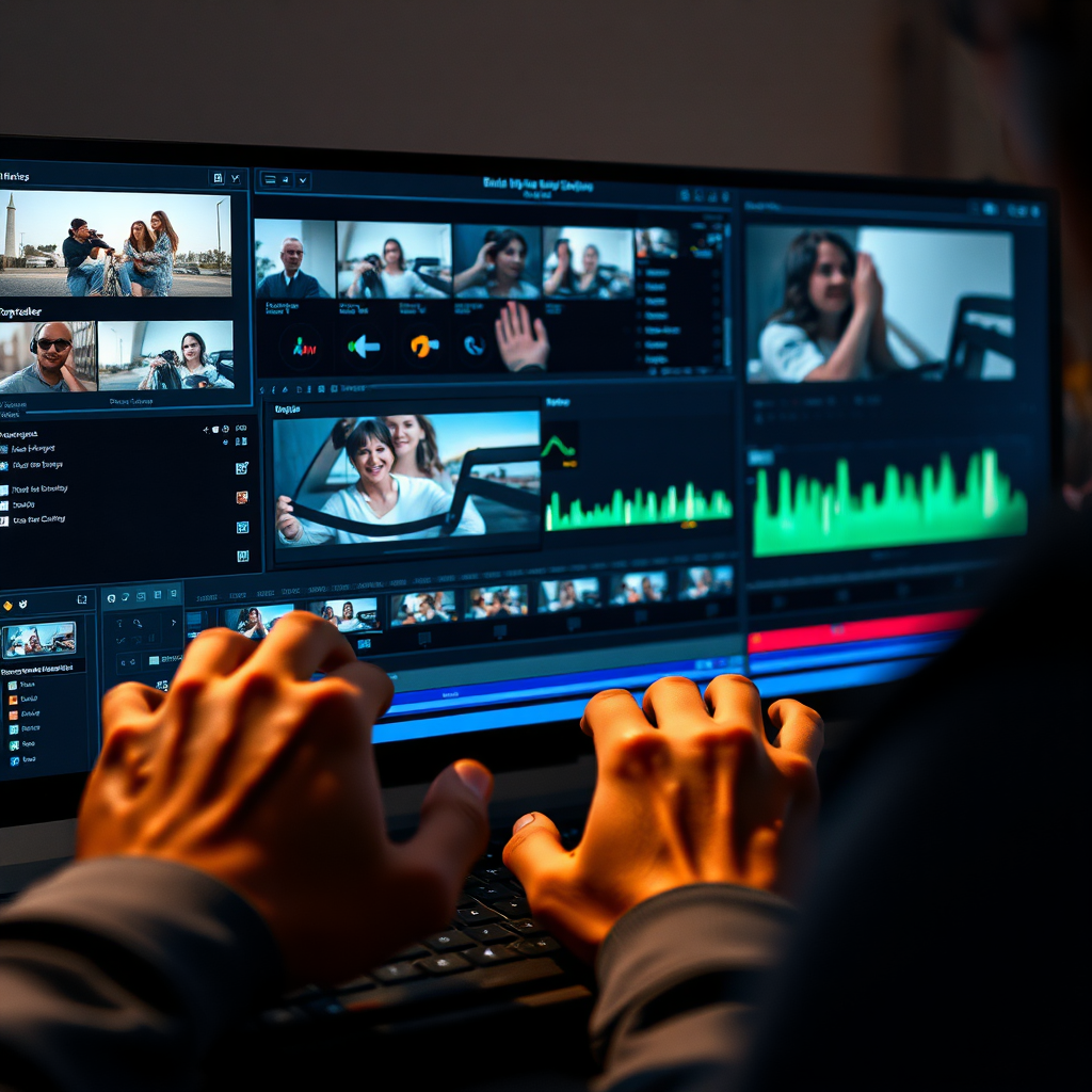 A photorealistic image of a video editor working on a complex timeline with multiple layers of footage, effects, and audio tracks. The lighting should be focused on the screen, highlighting the details of the editing interface. Camera angle: close-up, focusing on the editor's hands and the editing software. The overall style: professional and technical, reflecting the intricacies of video editing.