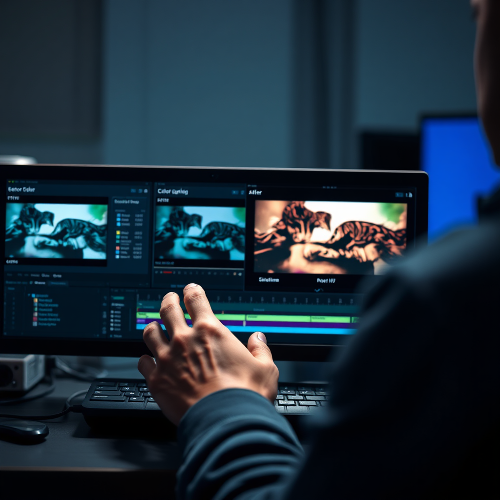 A photorealistic image of a video editor using color grading software, with a split-screen showing the before and after effects of the color grading process. The lighting should be focused on the screen, highlighting the details of the editing interface. Camera angle: close-up, focusing on the editor's hands and the editing software. The overall style: professional and artistic, emphasizing the power of color grading.