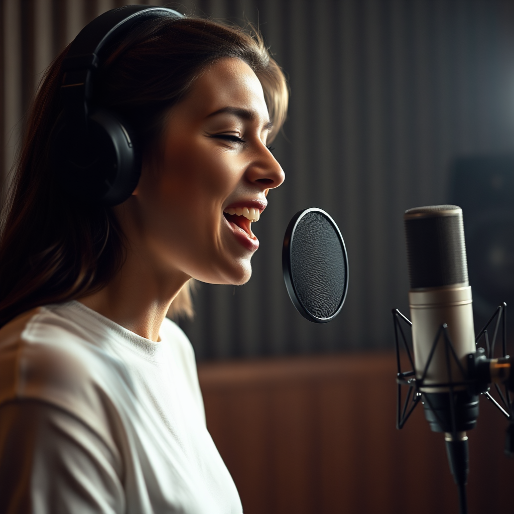 A photorealistic image of a vocalist singing into a high-end microphone in a recording booth. The lighting should be soft and flattering, highlighting the vocalist's expression. Camera angle: medium shot, focusing on the vocalist and the microphone. The overall style: intimate and professional, emphasizing the art of vocal recording.