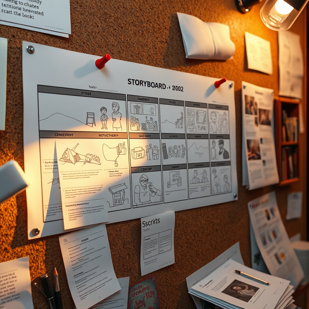 A photorealistic image of a well-organized storyboard pinned to a corkboard, surrounded by scripts, notes, and concept art. The lighting should be warm and inviting, highlighting the creative process. Camera angle: close-up, focusing on the details of the storyboard and the various planning materials. The overall style: professional and inspiring, reflecting the importance of pre-production planning.