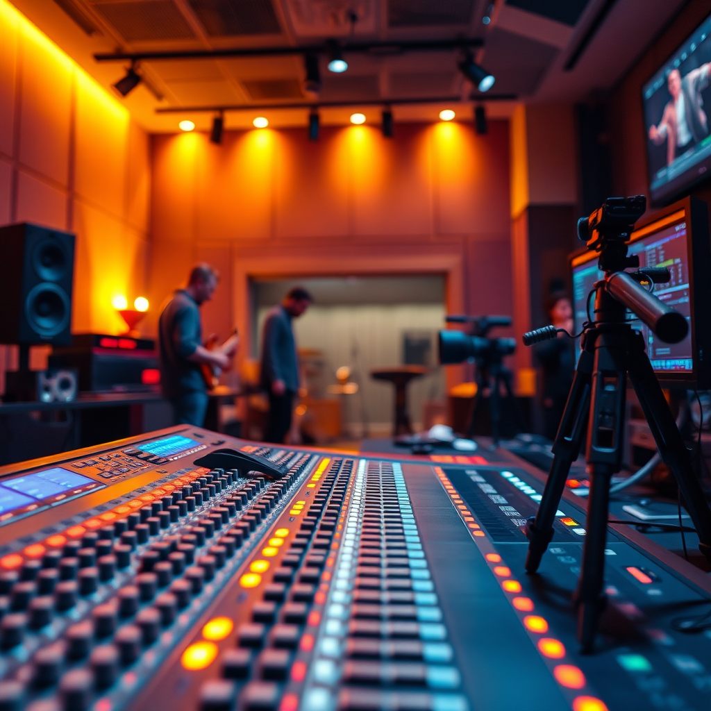 A photorealistic, ultra-high quality 8K hero image showcasing the essence of HWBJ STUDIO. The scene features a state-of-the-art recording studio control room bathed in warm, inviting light. Focus on the mixing console, with its intricate array of knobs and faders, subtly glowing. In the background, blurred figures of musicians and technicians collaborate, creating a sense of dynamic creativity. Incorporate elements of video production, such as a high-end camera on a tripod and a monitor displaying a complex video editing timeline. The color palette should be rich and vibrant, with a focus on oranges, blues, and purples. The camera angle should be a slightly low angle, emphasizing the scale and complexity of the equipment. Pay attention to textures – the smooth surfaces of the consoles, the plush fabric of the acoustic panels, the subtle grain of the wooden accents. Style references include modern, minimalist studio designs. Hyperrealistic detail is crucial, capturing every nuance of light and shadow. The overall feel should be professional, inspiring, and cutting-edge.