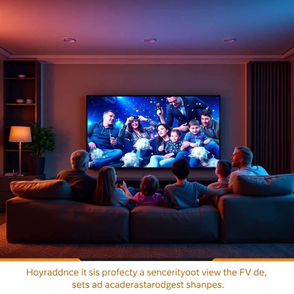 Create a photorealistic image of a family enjoying a movie night in a living room with a large, professionally mounted TV. The lighting should be warm and inviting, creating a cozy and comfortable atmosphere. The camera angle should capture the entire family and the TV, showcasing the immersive viewing experience. Emphasize the role of professional TV mounting in creating a home entertainment hub.