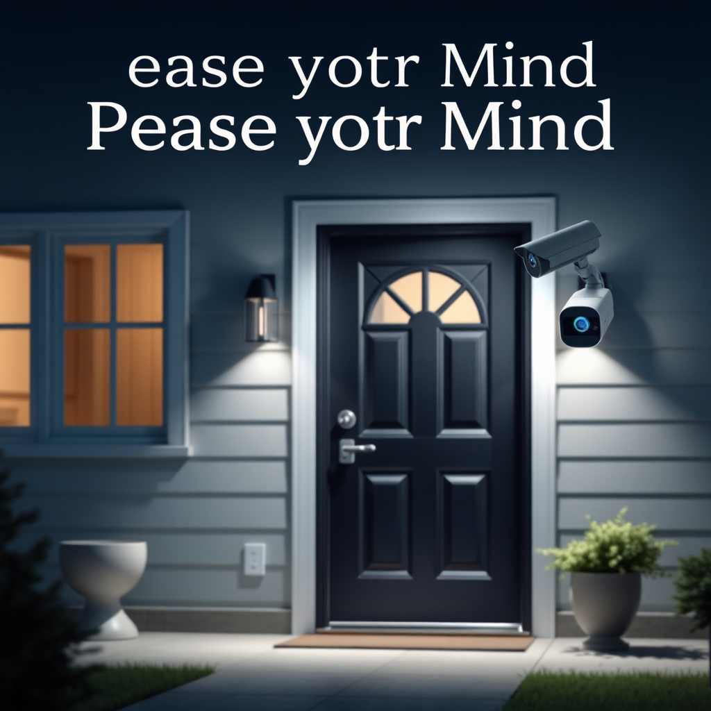 Create a symbolic image representing peace of mind through security. The image should feature a serene home with a secure front door and a watchful security camera. The lighting should be soft and calming, creating a sense of tranquility. The color palette should consist of calming blues and greens. Emphasize the peace of mind that comes with reliable security solutions.