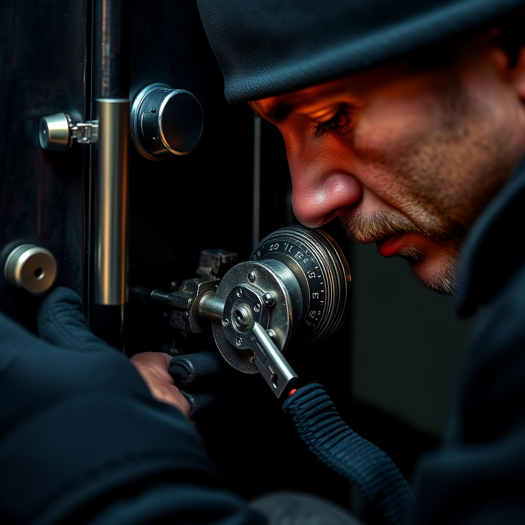 Create an image of a locksmith working on a high-security lock. Focus on the intricate details of the lock mechanism and the locksmith's expertise. Use close-up shots to highlight the tools and the lock's components. Emphasize the security and precision.